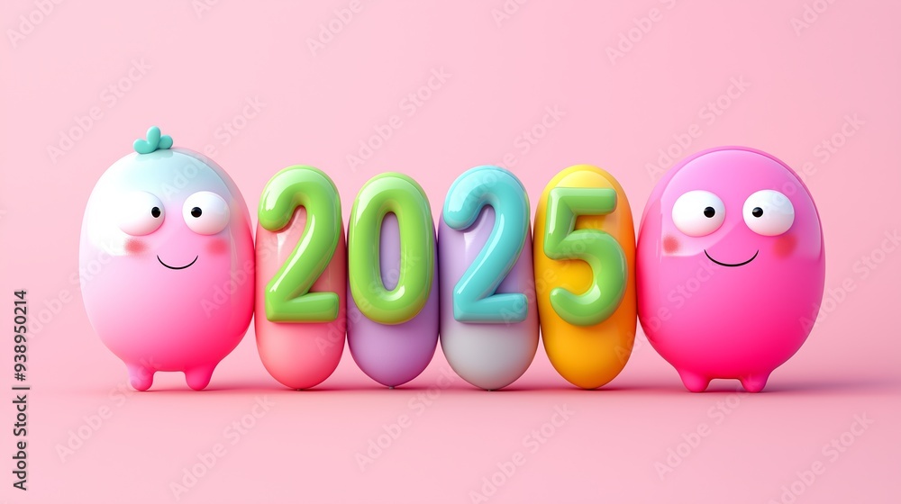 Poster A group of colorful cartoon characters stand in a row with the numbers 20 and 25 written in the middle