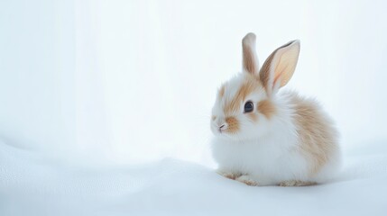 Obraz premium A fluffy rabbit sitting quietly on a white background, its soft fur contrasted against the bright space. Ideal for text placement.