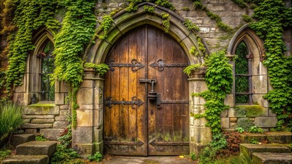 Old stone church doors with heavy iron hinges and rusty padlock, surrounded by overgrown vines and moss, exuding a sense of abandonment and serenity.