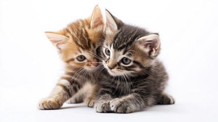 Obraz premium A pair of cuddly kittens playing together on a white background, creating a warm and inviting scene with room for copy.