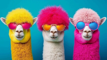 Three llamas wearing sunglasses and colorful hair. The llamas are wearing sunglasses and have colorful hair, giving them a fun and playful appearance