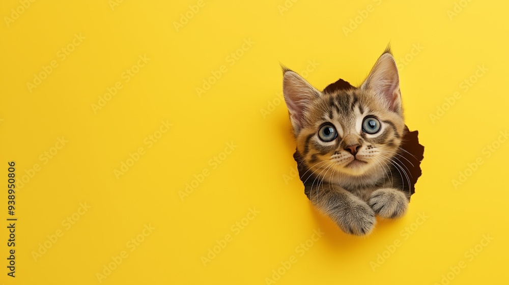 Poster a cat is peeking out of a hole in a yellow background. the cat is looking at the camera with a curio