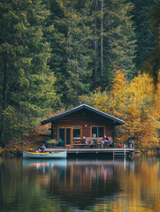 Fototapeta premium off-the-grid eco-cabin by a pristine mountain lake, surrounded by pine trees, with a small dock and a canoe tied to it