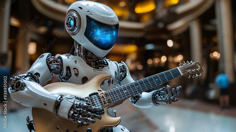 Poster A robotic musician dressed in a rock star ensemble rocking out on stage showcasing the creative synergy between robotics and music performance in a futuristic setting Stock Photo with copy space