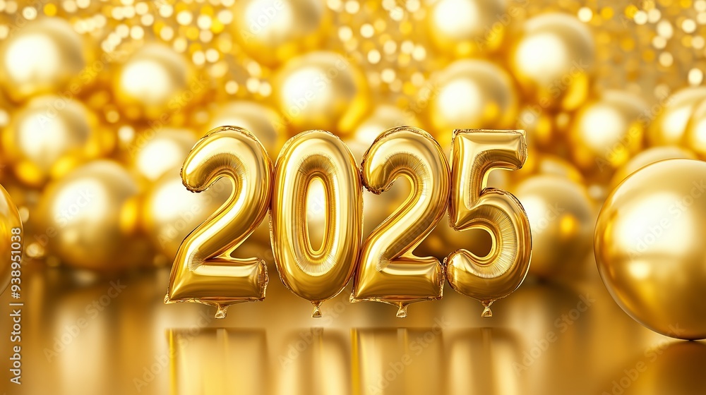 Poster a gold balloon filled with air with the number twenty-five written on it. the balloons are scattered