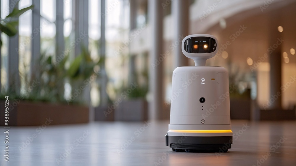 Poster A robot janitor dressed in uniform performing routine cleaning tasks in a futuristic office environment showcasing the precision and reliability of automated cleaning solutions Stock Photo with copy