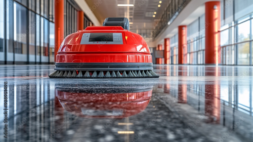 Poster A cleaning robot in janitorial attire maintaining cleanliness in a modern high-tech facility demonstrating the efficiency of robotic technology in building maintenance Stock Photo with copy space