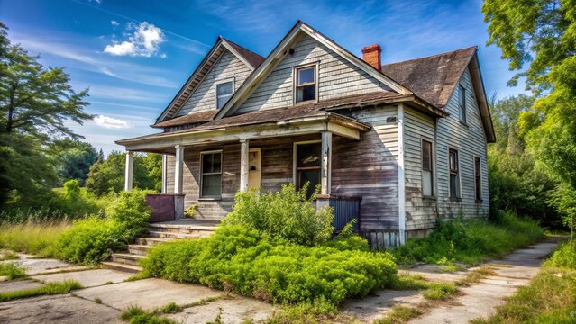 Overgrown weeds surround a worn, faded "For Sale" sign standing alone in front of a neglected, abandoned, and boarded-up old house on a deserted street.