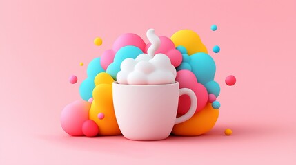 A white cup with a white frosting on it is surrounded by colorful blobs. The cup is the main focus of the image, and the colorful blobs surrounding it create a playful and whimsical atmosphere