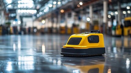 A cleaning assistant droid methodically wiping down surfaces in a high-tech building symbolizing the future of cleanliness through robotic automation Stock Photo with copy space