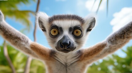 Obraz premium A cartoon of a lemur with a surprised expression. The lemur is looking at the camera and has a yellow nose
