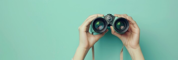 Two hands firmly hold binoculars against a light blue background, symbolizing exploration, curiosity, and the thrill of discovery.