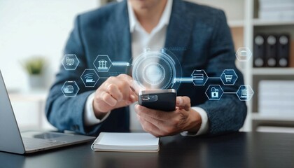 Man Holding Smartphone With Digital Wallet Interface in Modern Office Setting