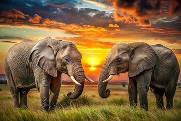 Fototapeta premium Elephant couple at sunset in the savanna