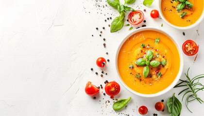 Vegetable soup isolated on white background, top view