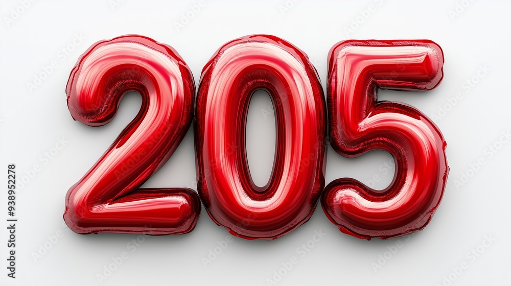 Poster the number 205 is written in red balloons. the balloons are inflated and appear to be floating in th