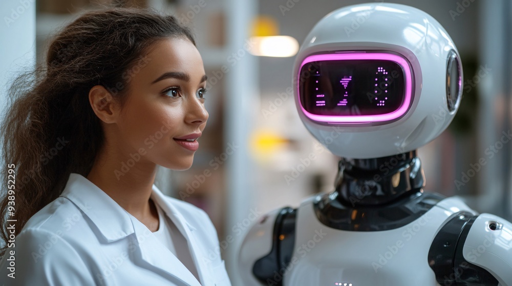 Aufkleber a robot doctor in a white coat discussing treatment options with a patient in a high-tech medical fa