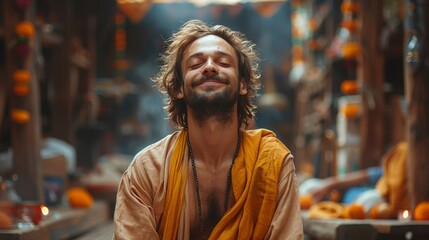 Obraz premium A serene monk in a vibrant marketplace displaying contentment while surrounded by colorful decorations and peaceful atmosphere during a sunny day