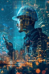 A construction engineer examines data on a smartphone amid a vibrant, modern city skyline illuminated at night
