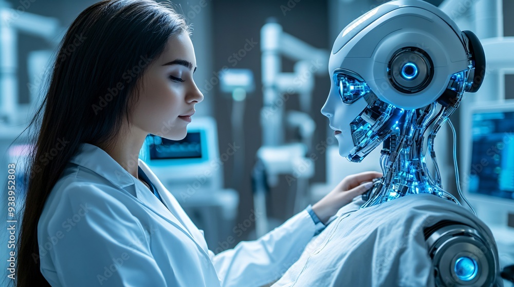 Poster A robotic medical assistant in a white coat performing a check-up on a patient in a futuristic healthcare setting emphasizing the role of robotics in personalized medical care Stock Photo with copy