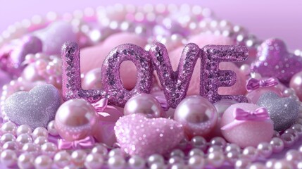 Fototapeta premium A vibrant arrangement of glittery hearts and pearls highlights the word love on a delicate pink surface
