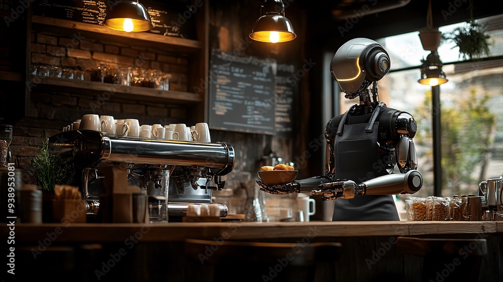 Poster a robotic barista in a stylish apron serving coffee to customers in a trendy cafe representing the f