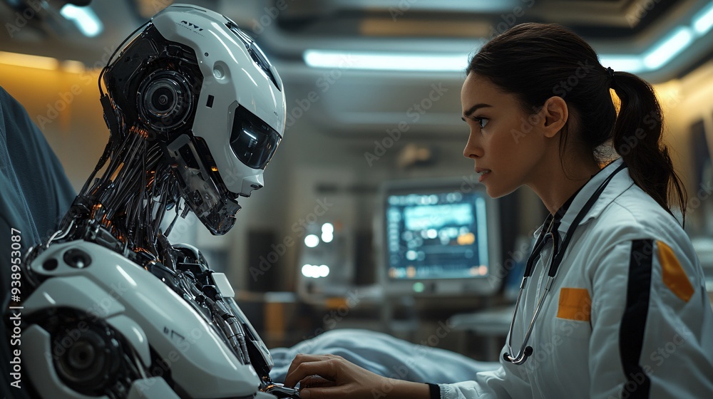Aufkleber a medical assistant android in a doctor outfit interacting with a patient in a cutting-edge clinic s