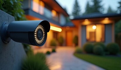A security camera is mounted on a wall outside of a house. The camera is pointed towards the house and the surrounding area. Concept of security and protection
