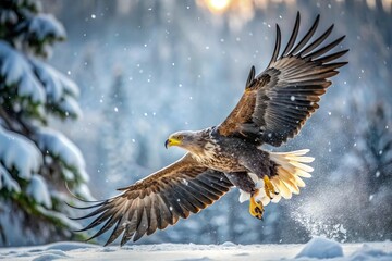 Obraz premium Eagle fly in snowy winter landscape