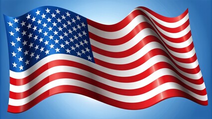 Patriotic illustration of the United States flag waving in the wind, rendered in vibrant red, white, and blue vector graphics with bold lines and crisp folds.