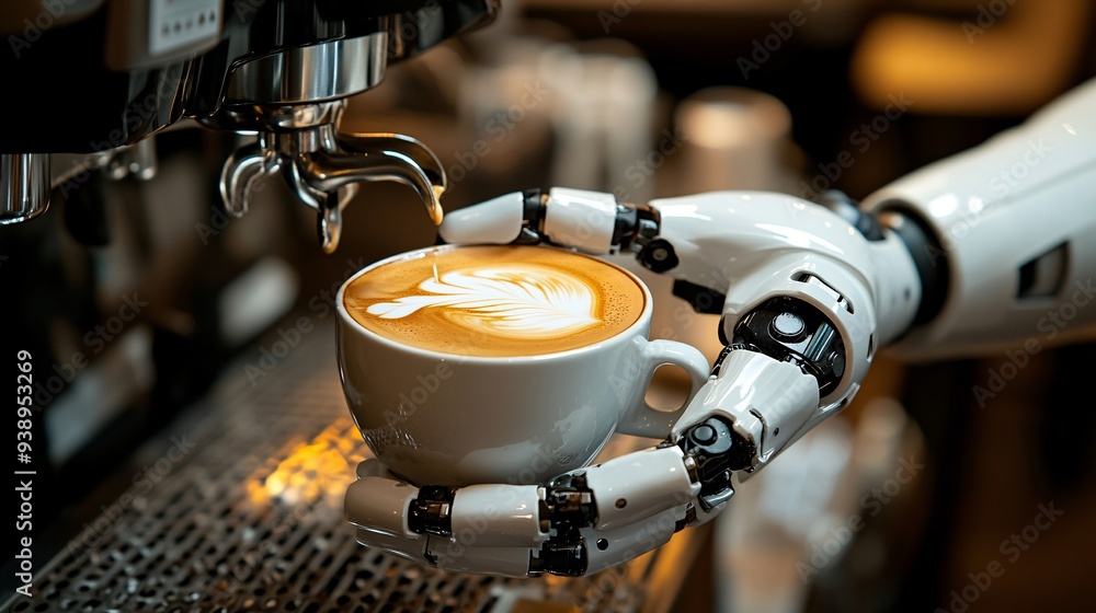 Poster A robot barista preparing and serving a latte in a modern cafe setting highlighting the precision and efficiency of robotic technology in the hospitality industry Stock Photo with copy space