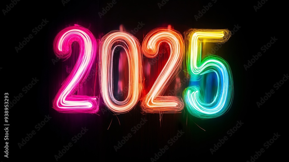 Poster the image is a colorful representation of the number twenty-five. the letters are lit up and appear 