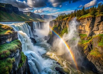 waterfall with rainbow in mist. Rare natural beauty