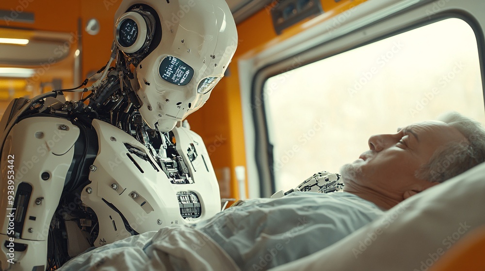 Poster a robotic paramedic in full emergency gear providing urgent care to a patient in an ambulance repres