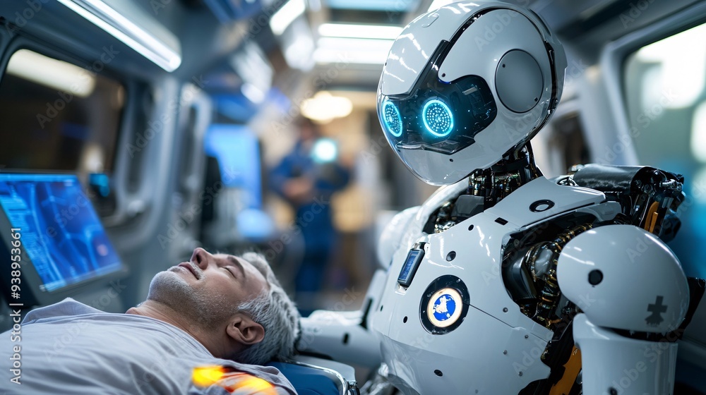 Poster a paramedic robot in protective gear administering first aid to a patient in a high-tech ambulance h