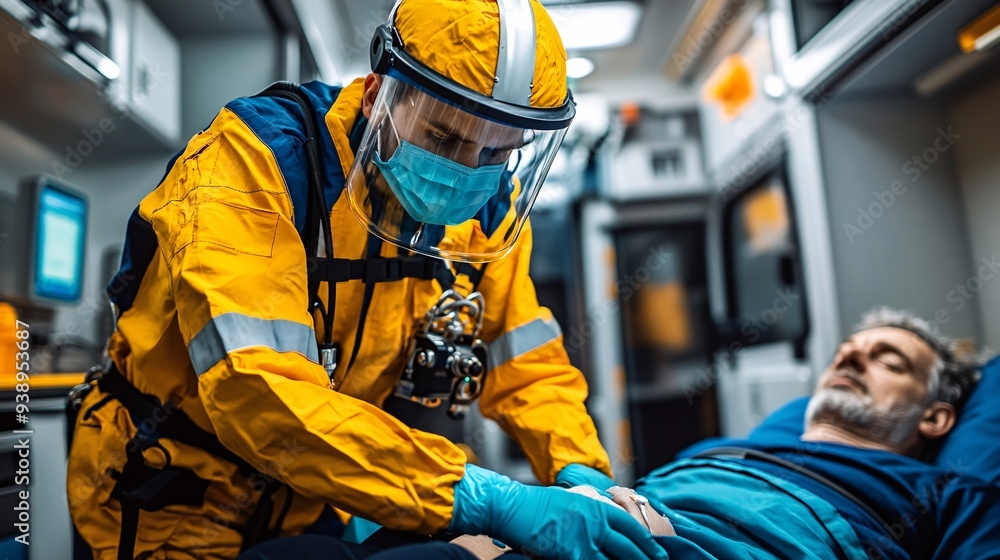 Aufkleber a paramedic robot in protective gear administering first aid to a patient in a high-tech ambulance h
