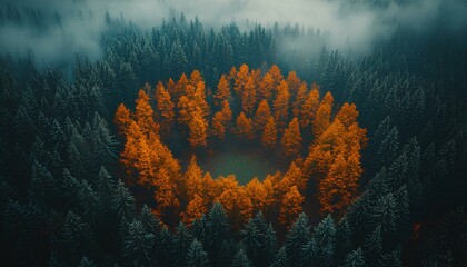 pine forest during fall and autumn time shot from bird's eye view to signify the changing of seasons. red, orange and green moody forest with fog for a campaign concerning the preservation of forests