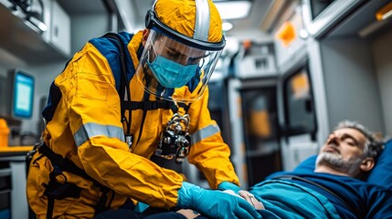A paramedic robot in protective gear administering first aid to a patient in a high-tech ambulance highlighting the role of robotics in saving lives during emergencies Stock Photo with copy space