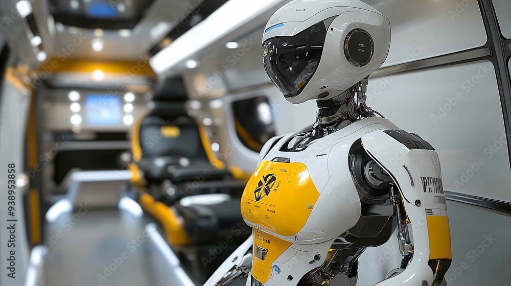 Poster A robotic first responder in paramedic attire performing emergency procedures inside an ambulance emphasizing the efficiency and reliability of robotic assistance in critical care Stock Photo with