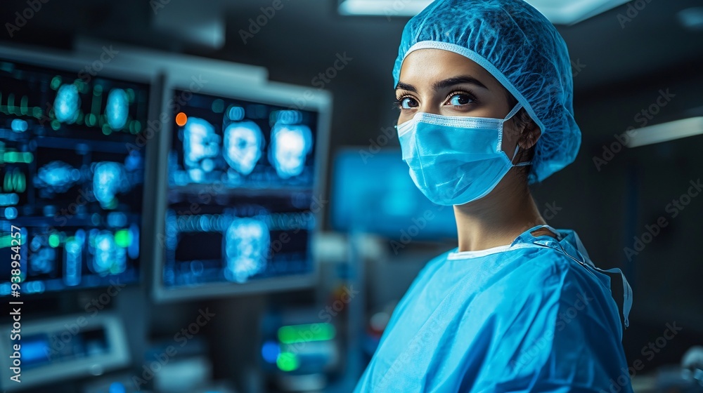Poster A robotic surgeon in full scrubs performing a detailed and complex operation with precision tools under the supervision of medical professionals in a cutting-edge operating room Stock Photo with copy