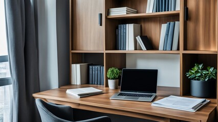 Wooden work desk with laptop and documents, books, modern interior of cozy cabinet, table for businessman or student at home, comfortable workspace, workplace with computer in apartment