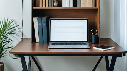 Wooden work desk with laptop and documents, books, modern interior of cozy cabinet, table for businessman or student at home, comfortable workspace, workplace with computer in apartment