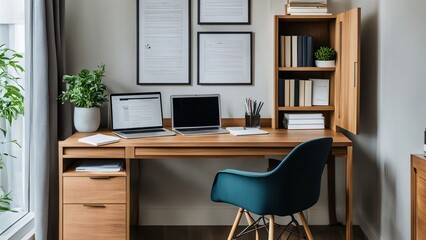 Wooden work desk with laptop and documents, books, modern interior of cozy cabinet, table for businessman or student at home, comfortable workspace, workplace with computer in apartment