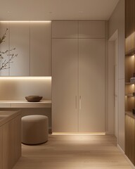 Modern minimalist interior design of a serene kitchen and living space featuring natural wood elements and warm lighting during evening hours