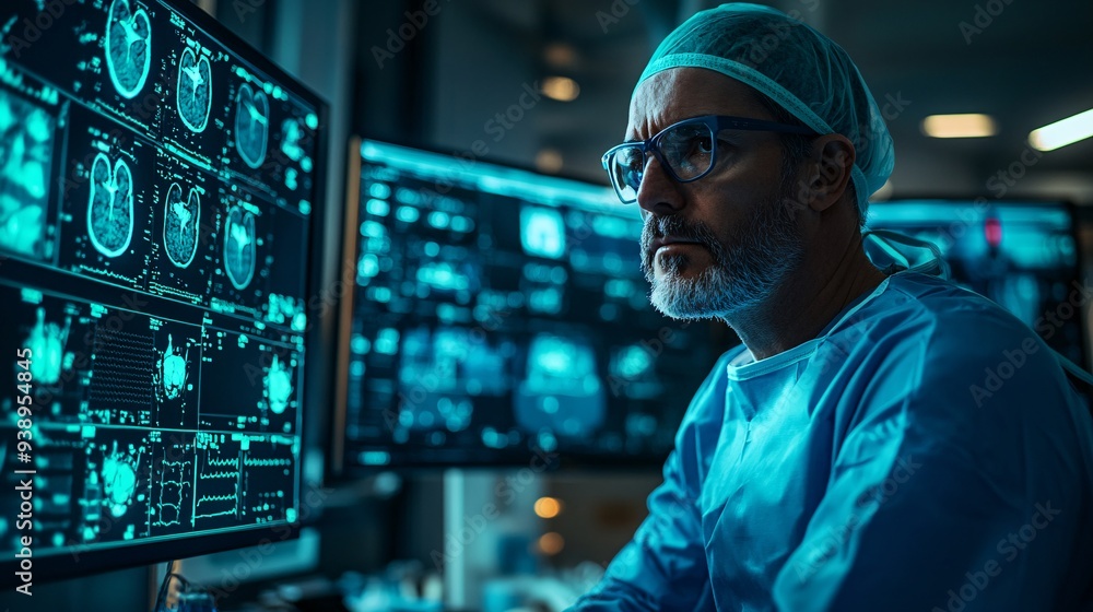 Poster a robotic surgeon fully engaged in a complex surgery using cutting-edge technology and precision too