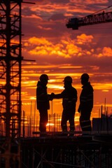 Fototapeta premium Three construction workers collaborate and shake hands as the sun sets behind them, casting a warm glow