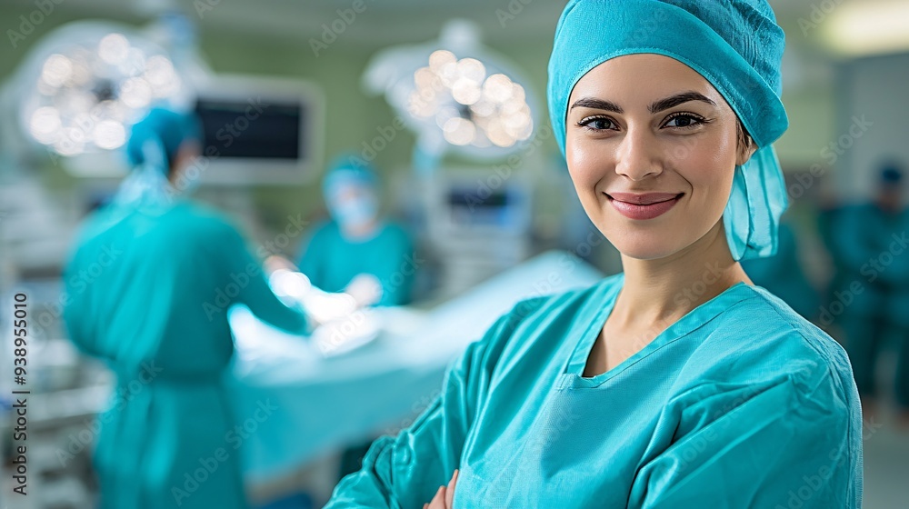 Poster A robotic surgeon fully engaged in a complex surgery using cutting-edge technology and precision tools in a high-tech hospital operating room Stock Photo with copy space