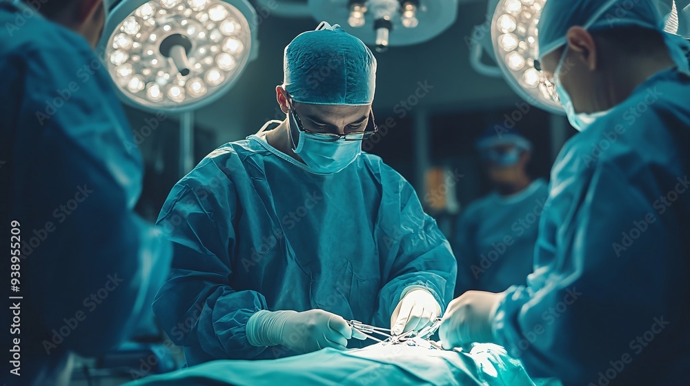 Poster a robotic surgeon fully engaged in a complex surgery using cutting-edge technology and precision too