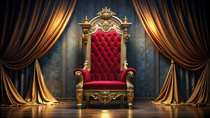 Regal ornate gold throne with crimson velvet cushion, satin drapes, and intricate carvings, set against a dark mysterious background, evoking power and royalty.