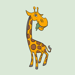 Cartoon Giraffe Eating Grass Vector Illustration